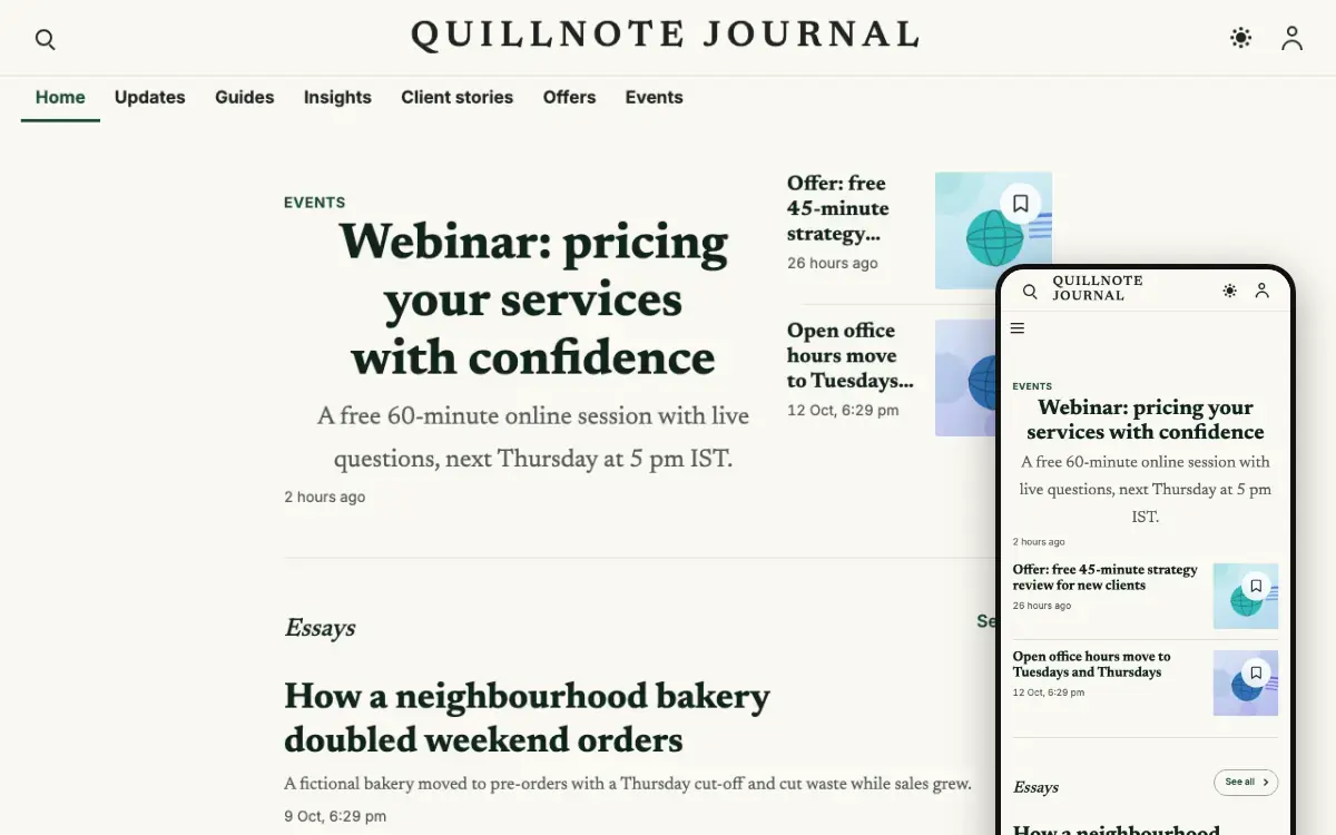 Quillnote – hjemmesideskabelon til Blog, skrivebordsvisning
