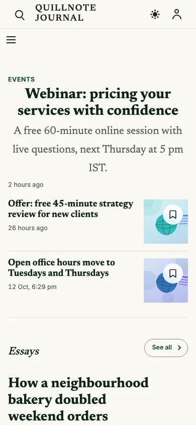 Quillnote — Blog app, phone view