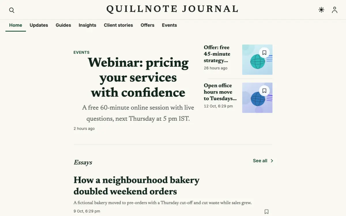 Quillnote — Blog website template, desktop view