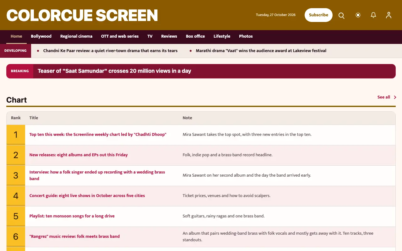 Colorcue — Entertainment News website template, full desktop view