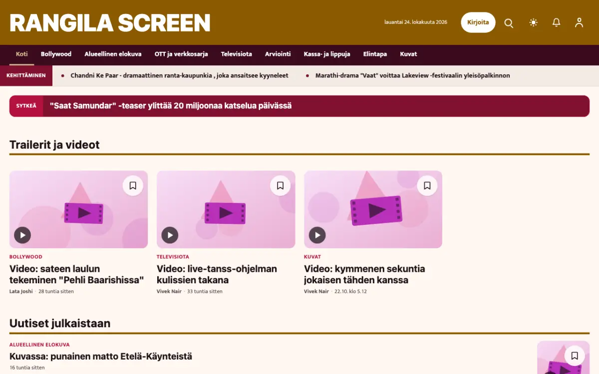 Colorcue – verkkosivumalli (Viihde News), työpöytänäkymä