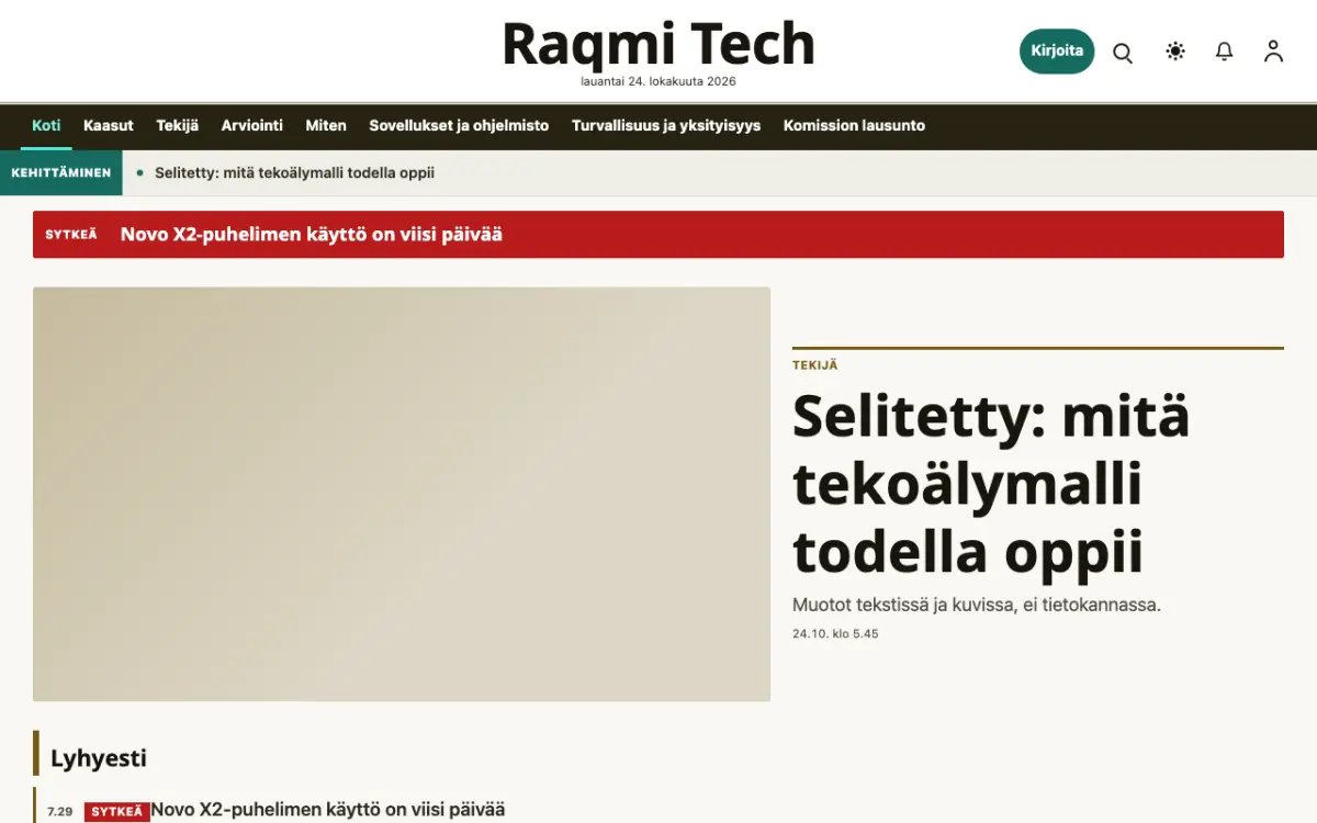 Pixelwell – verkkosivumalli (Teknologia News), työpöytänäkymä