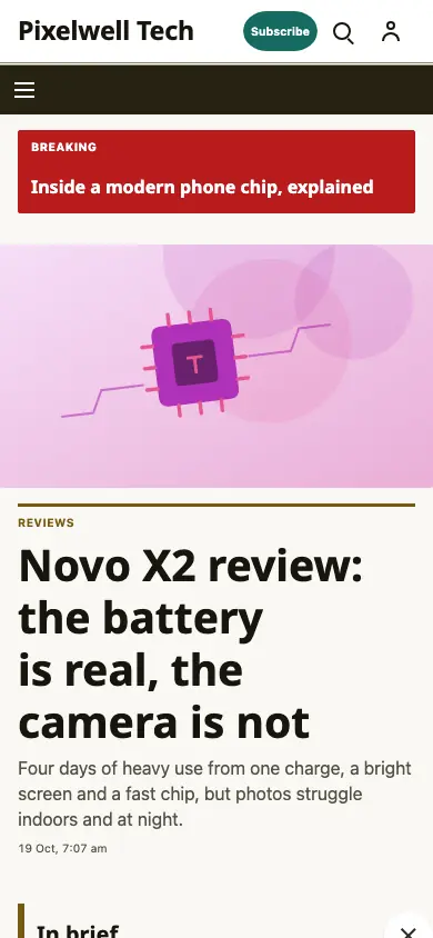 Pixelwell — Technology News app, phone view