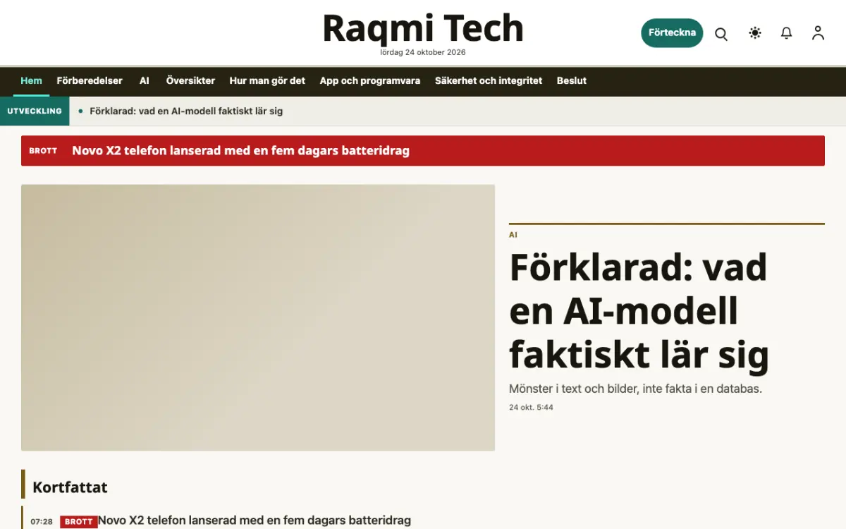 Pixelwell – webbplatsmall för Teknik News, skrivbordsvy