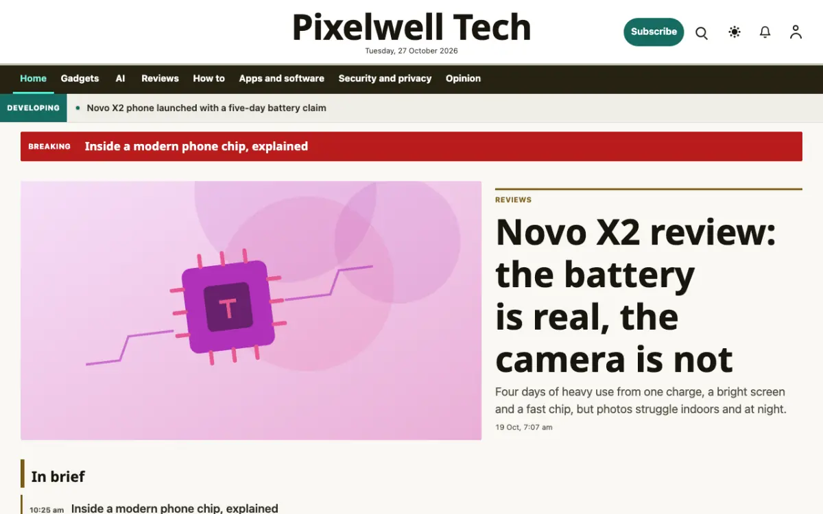 Pixelwell — Technology News website template, desktop view