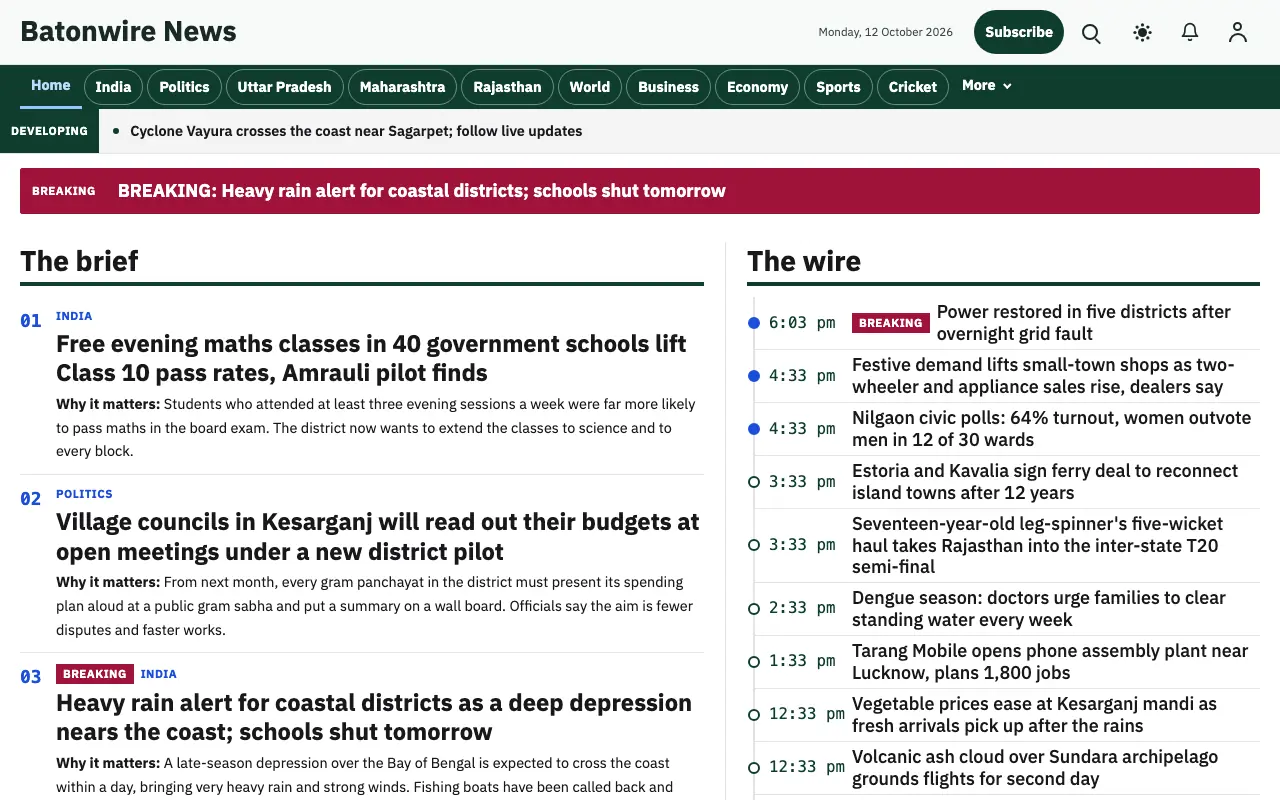 Batonwire — General News website template, full desktop view