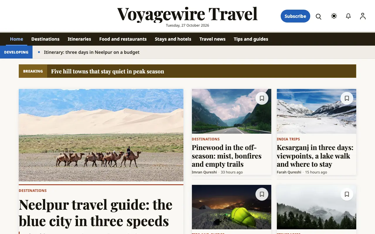 Voyagewire — Travel News website template, full desktop view