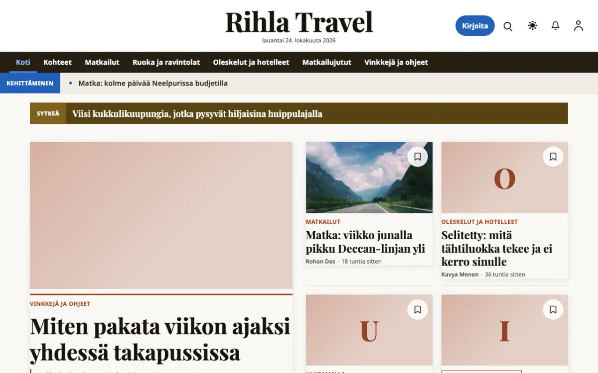 Voyagewire – verkkosivumalli (Matkailu News), työpöytänäkymä