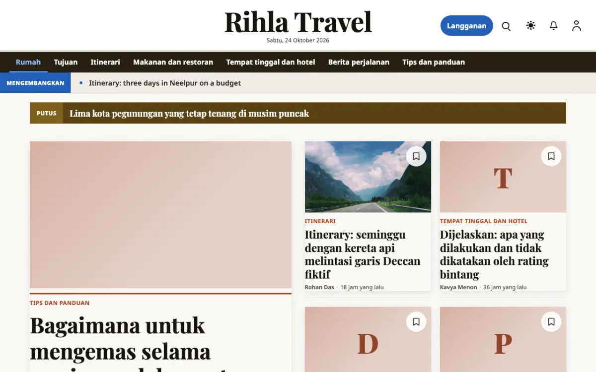 Voyagewire — template situs Berita Wisata, tampilan desktop