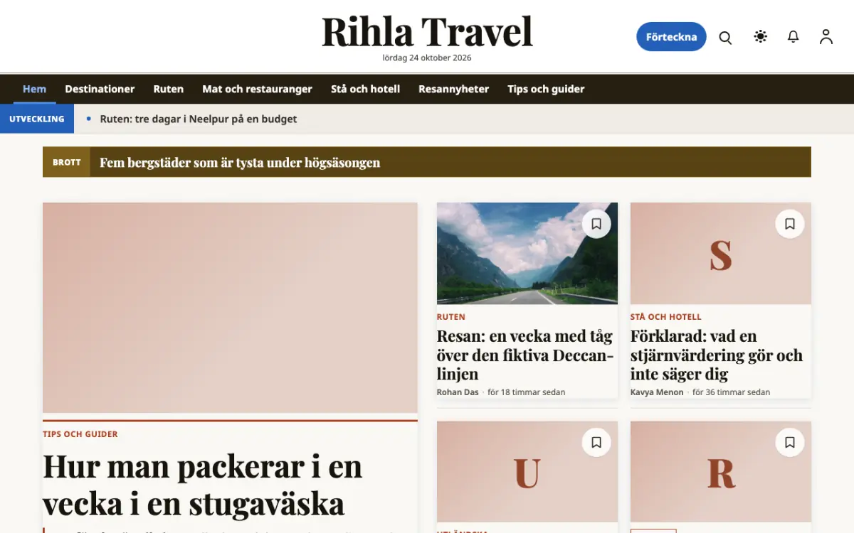 Voyagewire – webbplatsmall för Resor News, skrivbordsvy