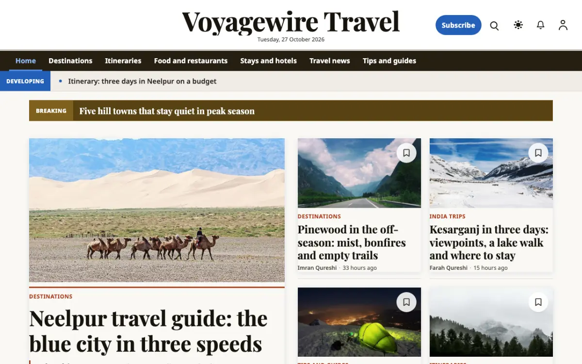 Voyagewire — Travel News website template, desktop view