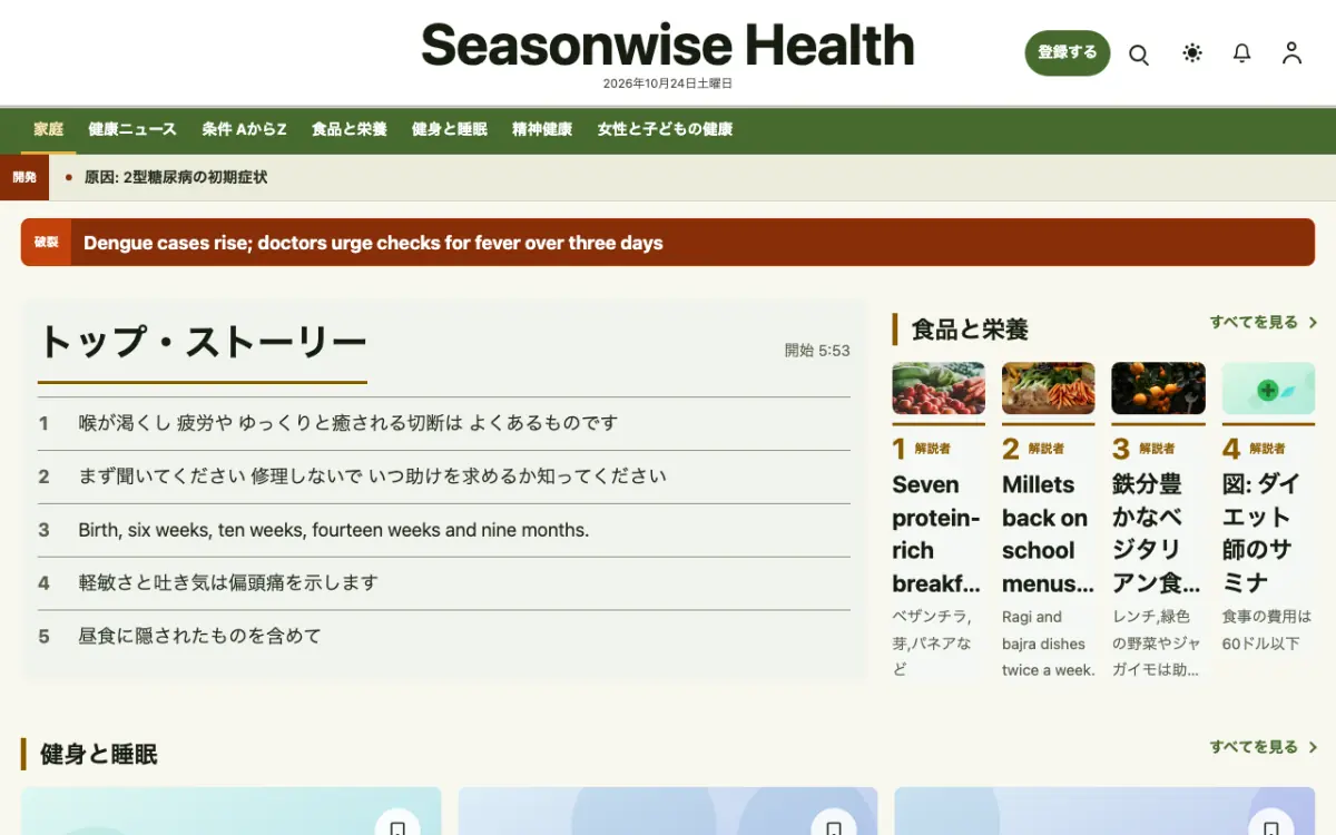 Seasonwise — 健康ニュースウェブサイトのテンプレート（デスクトップ表示）