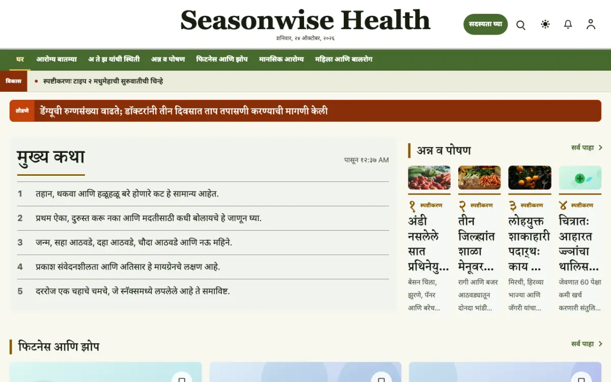 Seasonwise — आरोग्य बातम्या वेबसाइट टेम्पलेट, डेस्कटॉप दृश्य