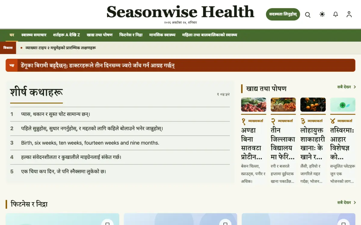 Seasonwise — स्वास्थ्य समाचार वेबसाइट टेम्प्लेट, डेस्कटप दृश्य