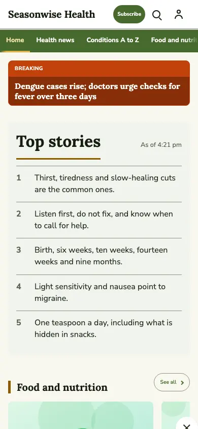 Seasonwise — Health News app, phone view