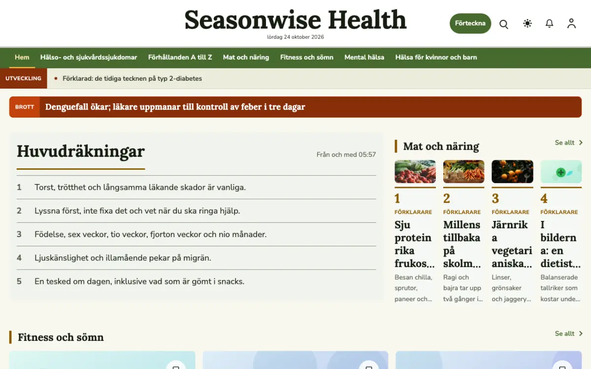 Seasonwise – webbplatsmall för Hälsa News, skrivbordsvy