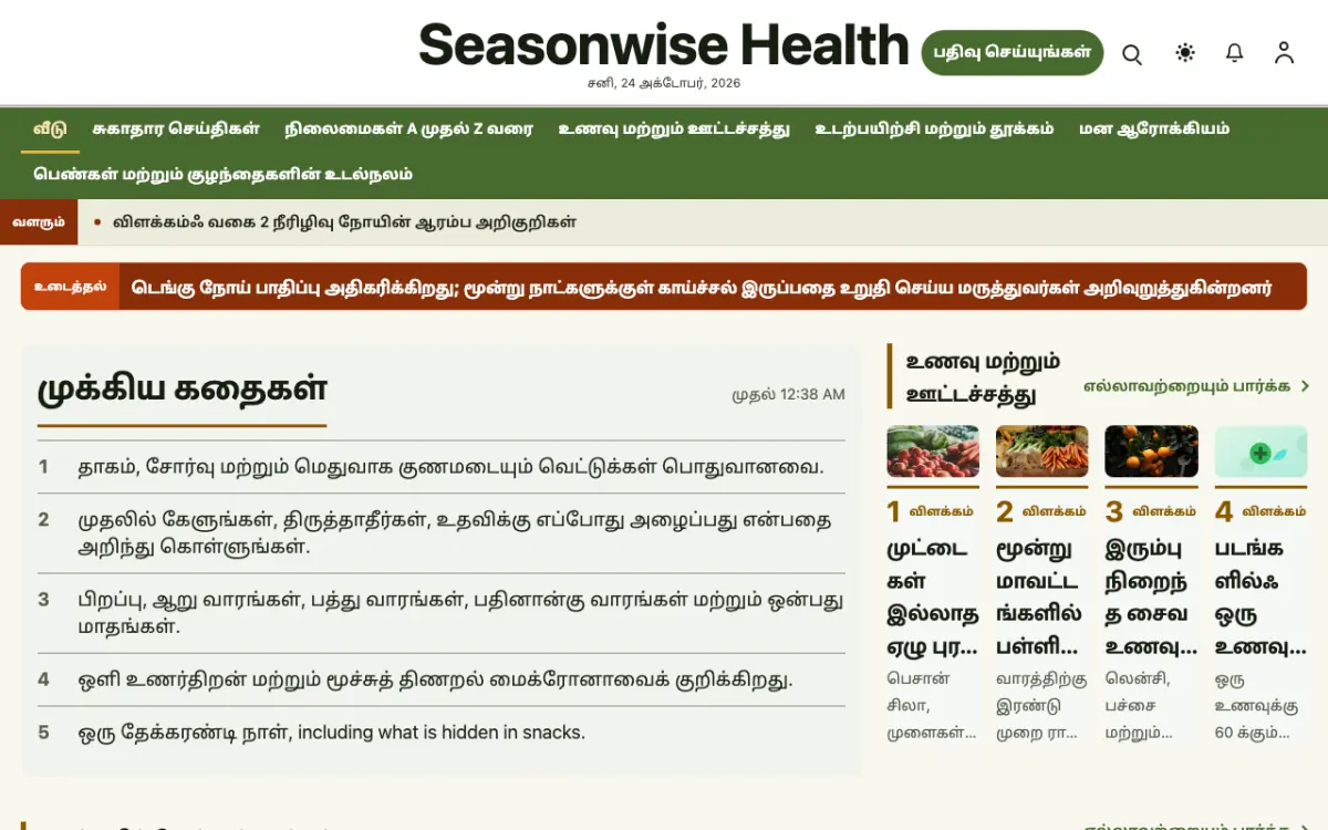 Seasonwise — ஆரோக்கியம் செய்திகள் வலைத்தள டெம்ப்ளேட், டெஸ்க்டாப் காட்சி