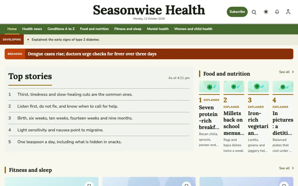 Seasonwise — Health News website template, desktop view