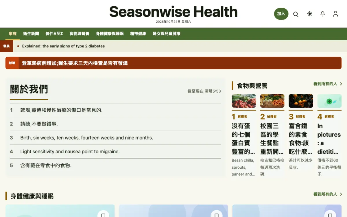 Seasonwise — 健康新聞網站範本，桌面版預覽