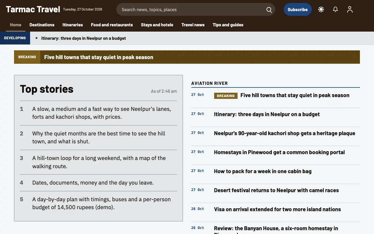 Tarmac — Travel News website template, full desktop view