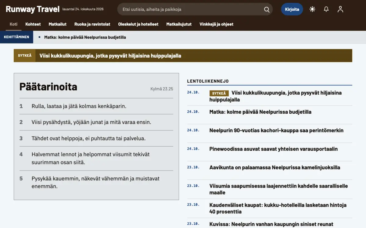 Tarmac – verkkosivumalli (Matkailu News), työpöytänäkymä