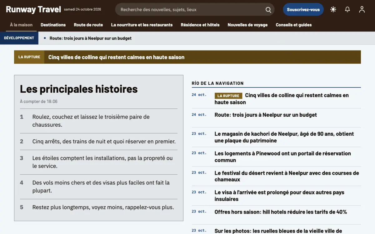 Tarmac — modèle de site web Actualités Voyage, vue sur ordinateur