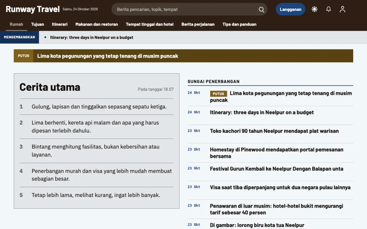 Tarmac — template situs Berita Wisata, tampilan desktop