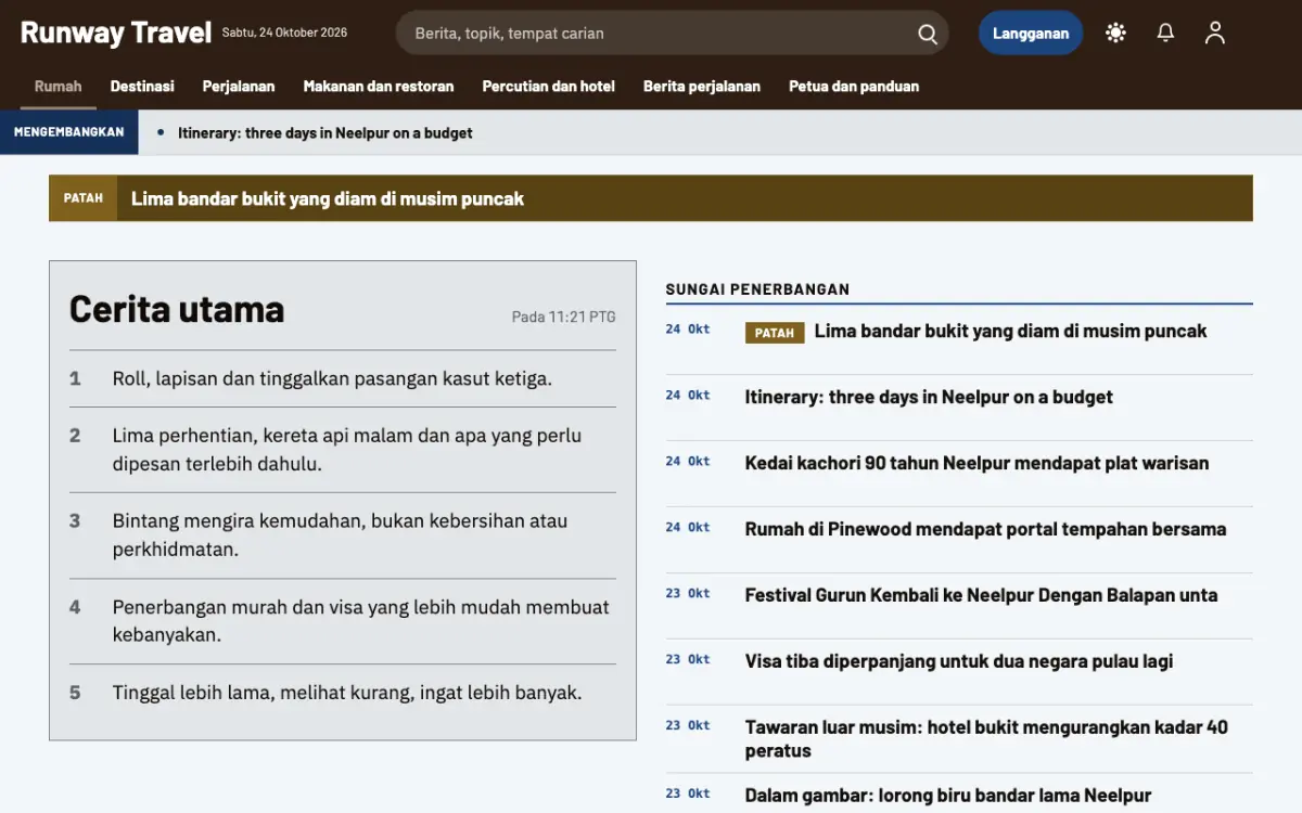 Tarmac — templat laman web Berita Pelancongan, paparan desktop