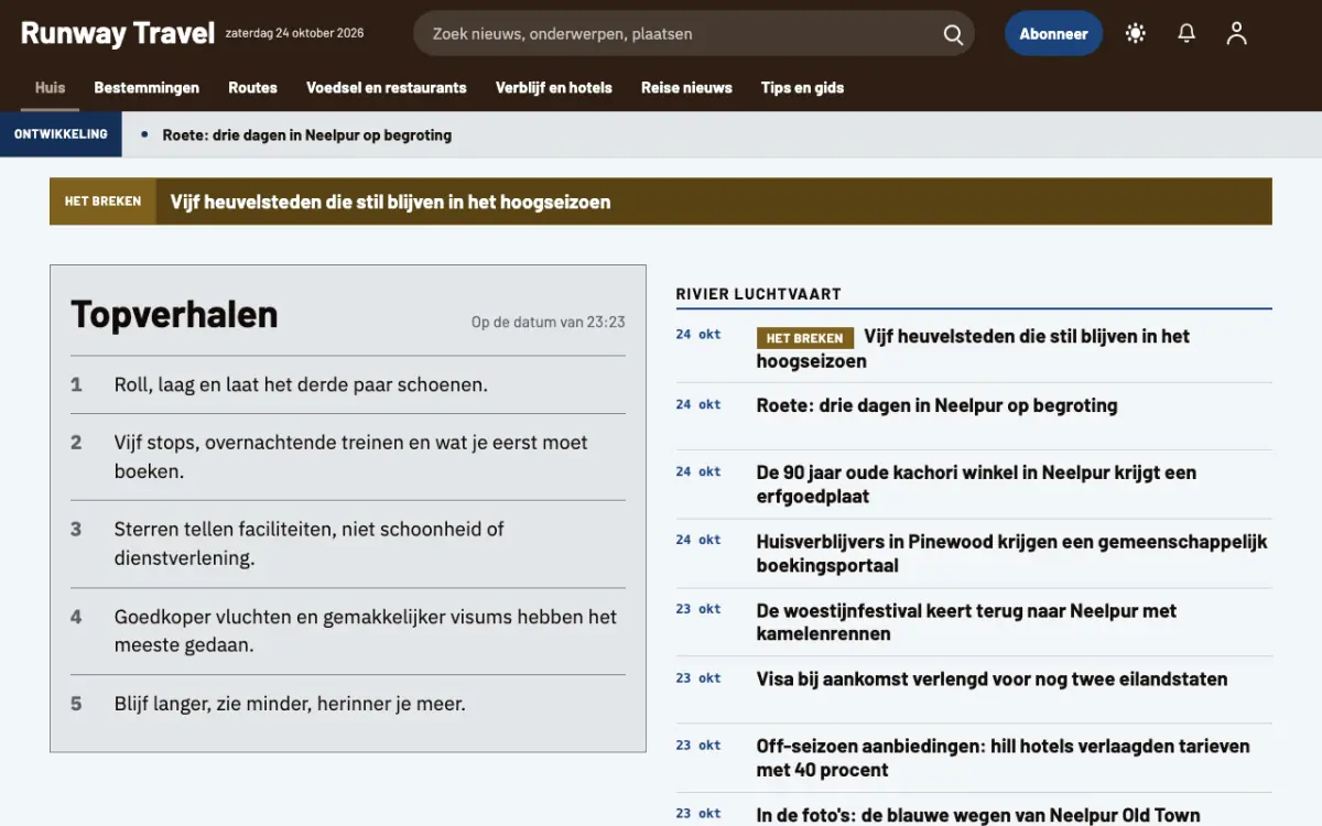Tarmac – websitetemplate voor Reizennieuws, desktopweergave