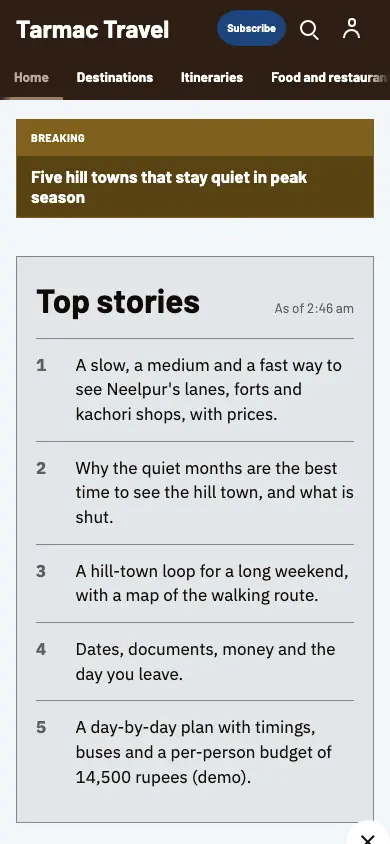 Tarmac — Travel News app, phone view