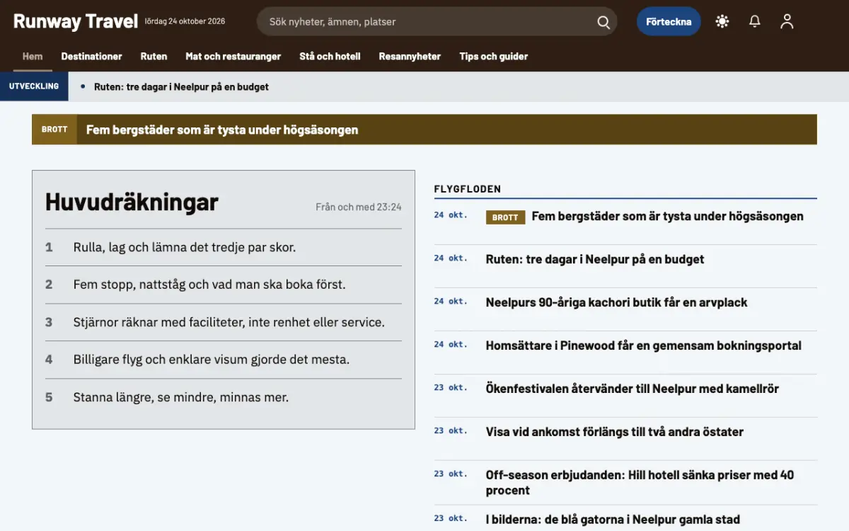 Tarmac – webbplatsmall för Resor News, skrivbordsvy