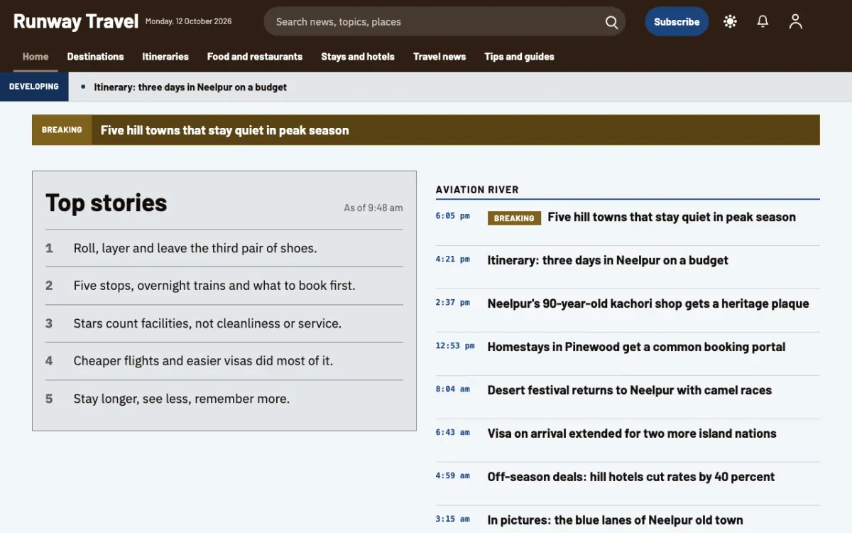 Tarmac — Travel News website template, desktop view