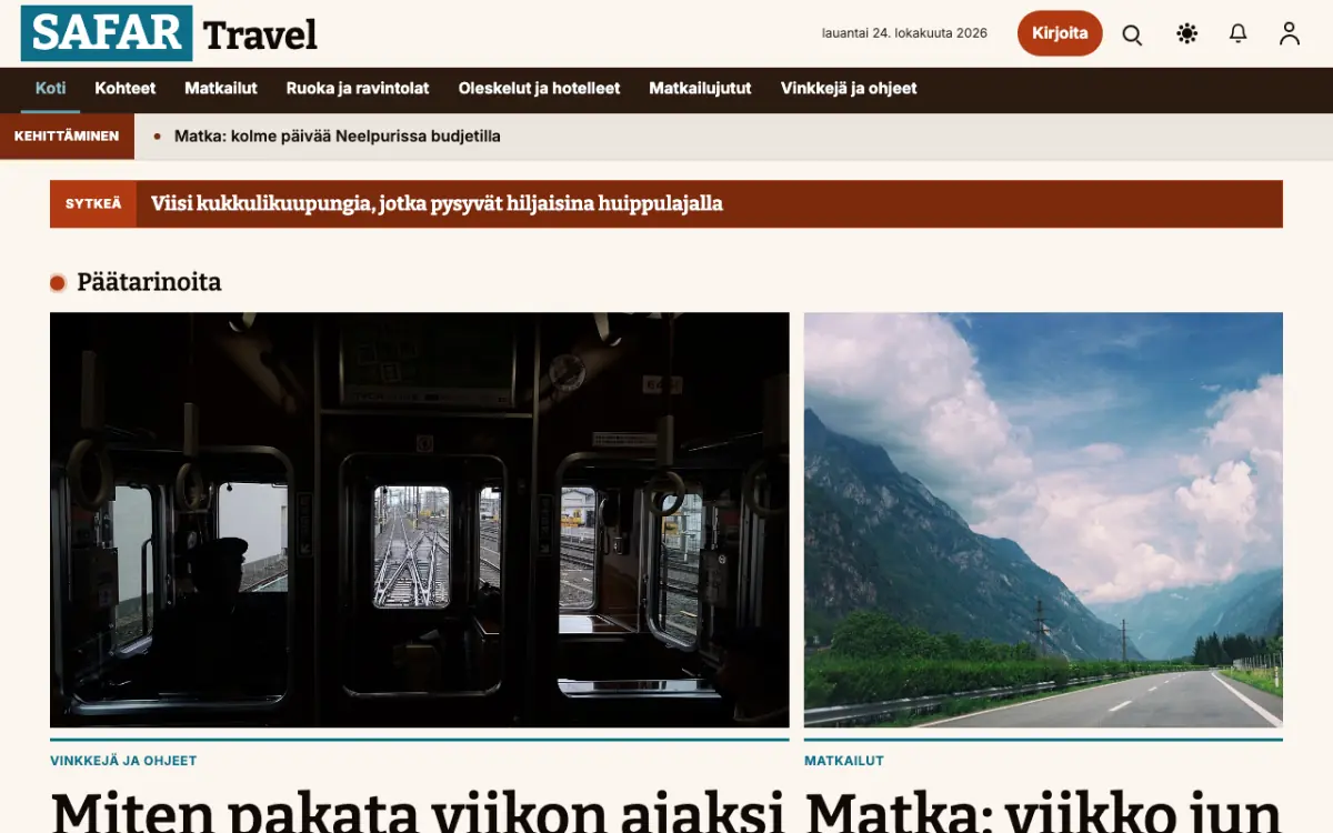 Milemarker – verkkosivumalli (Matkailu News), työpöytänäkymä