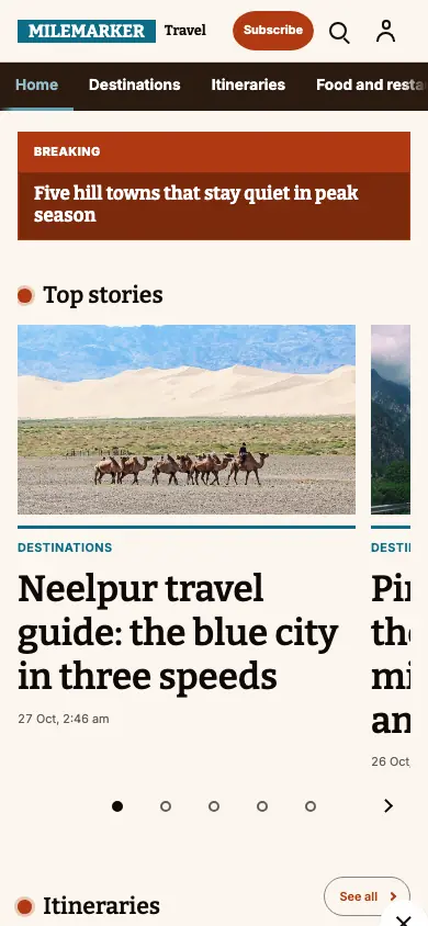 Milemarker — Travel News app, phone view