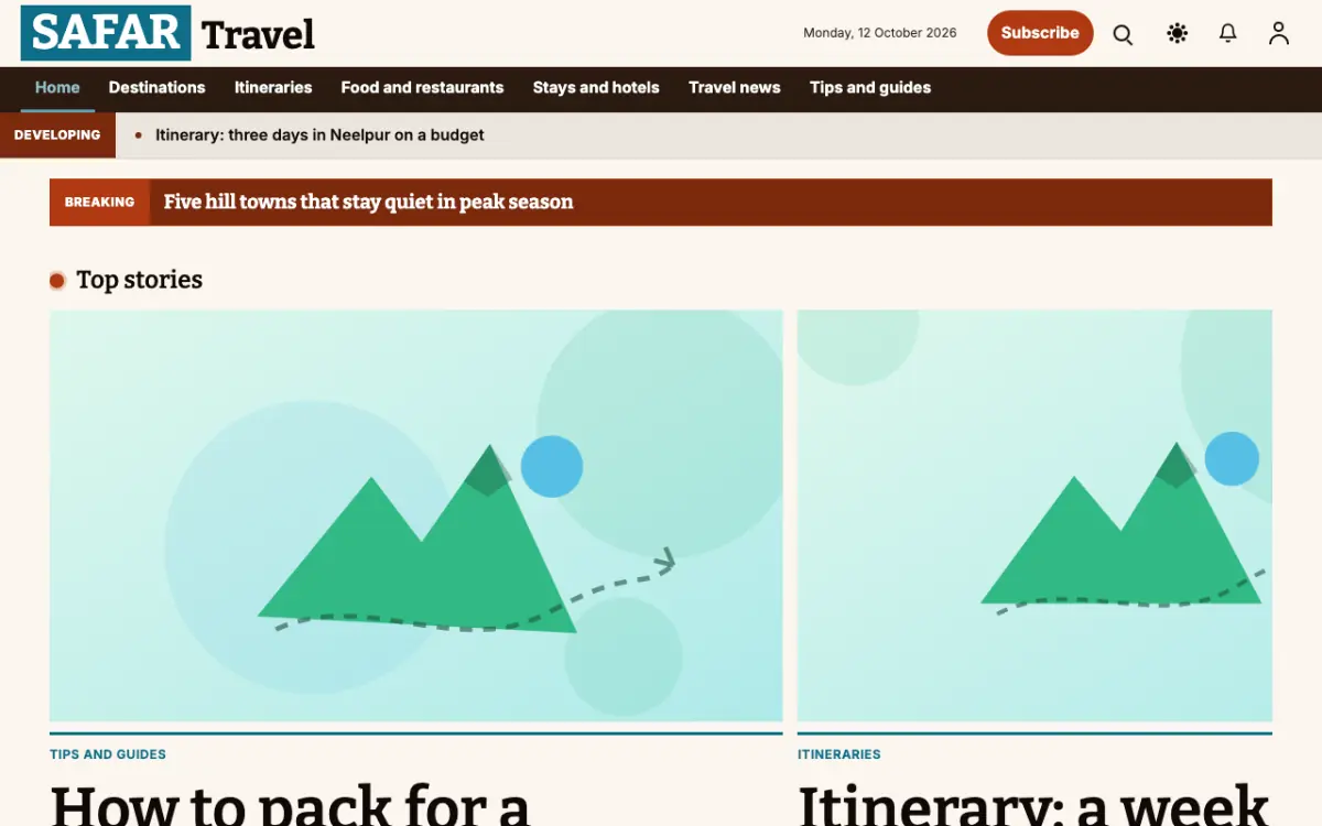 Milemarker — Travel News website template, desktop view