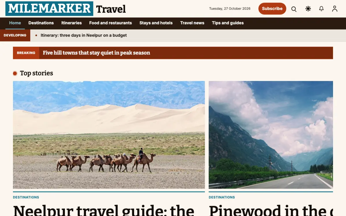 Milemarker — Travel News website template, desktop view