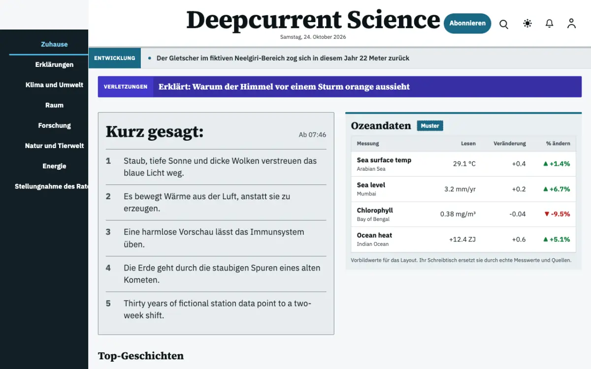 Deepcurrent – Website-Vorlage für Wissenschaft-News, Desktop-Ansicht