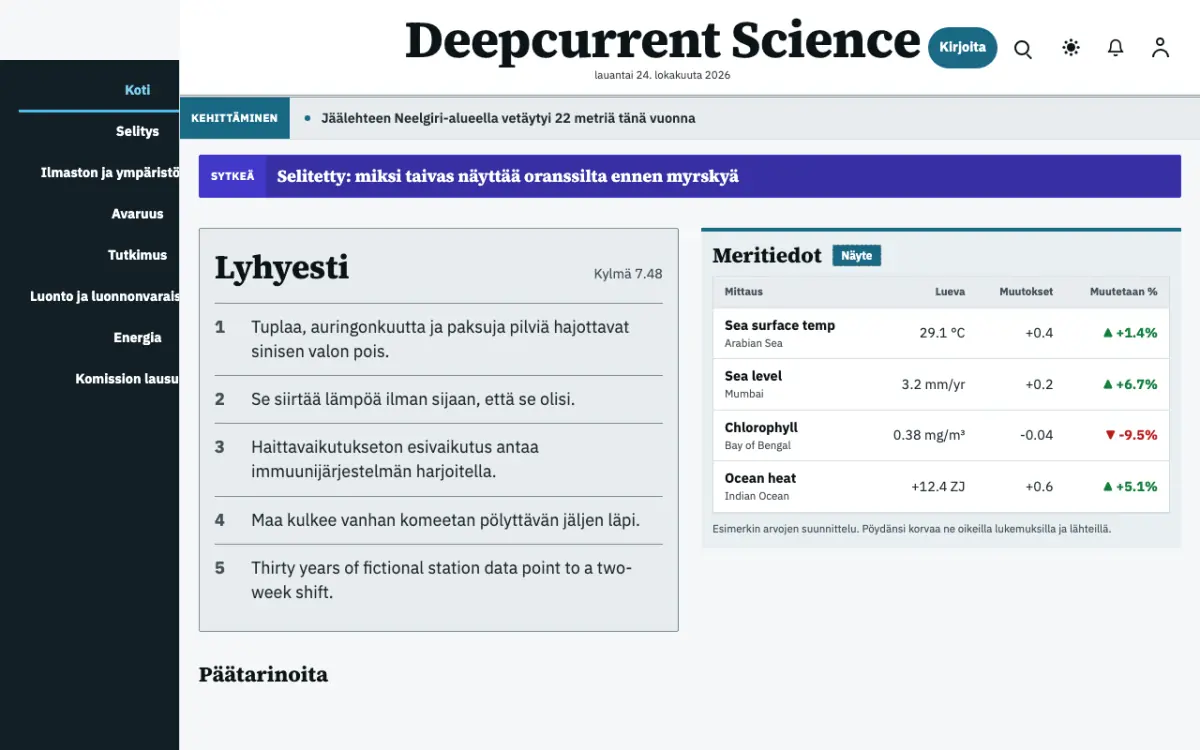 Deepcurrent – verkkosivumalli (Tiede News), työpöytänäkymä