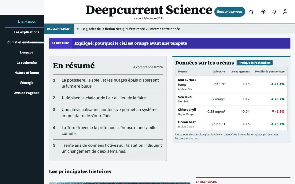 Deepcurrent — modèle de site web Actualités Science, vue sur ordinateur