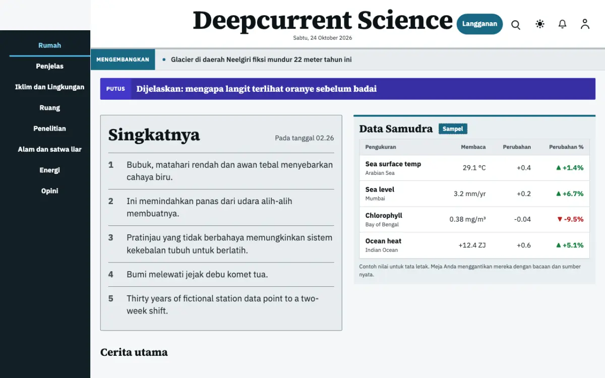 Deepcurrent — template situs Berita Sains, tampilan desktop