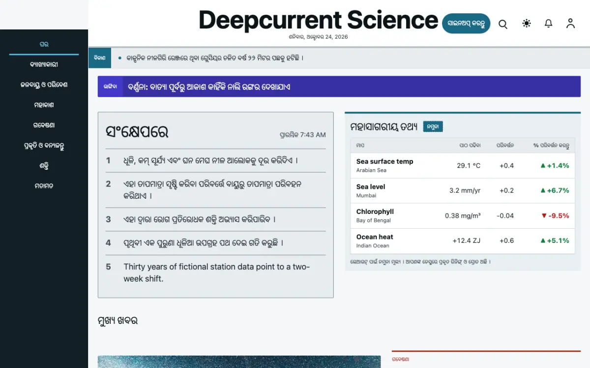 Deepcurrent — ବିଜ୍ଞାନ ସମ୍ବାଦ ୱେବସାଇଟ୍ ଟେମ୍ପଲେଟ୍, ଡେସ୍କଟପ୍ ଦୃଶ୍ୟ