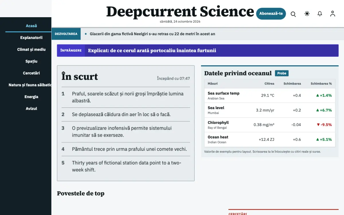 Deepcurrent – șablon de site pentru Știri Știință, vedere pe desktop