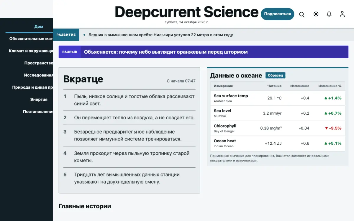 Deepcurrent — шаблон сайта в категории «Наука: новости», вид на компьютере
