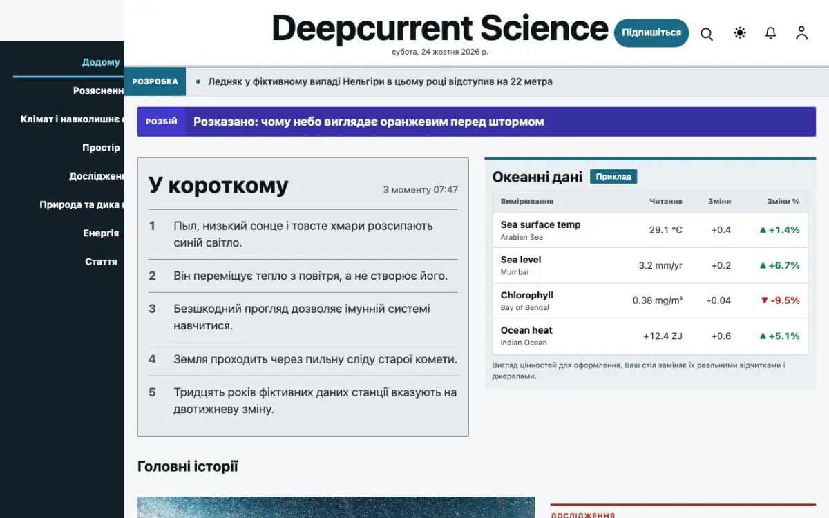 Deepcurrent — шаблон сайту в категорії «Наука: новини», вигляд на комп’ютері