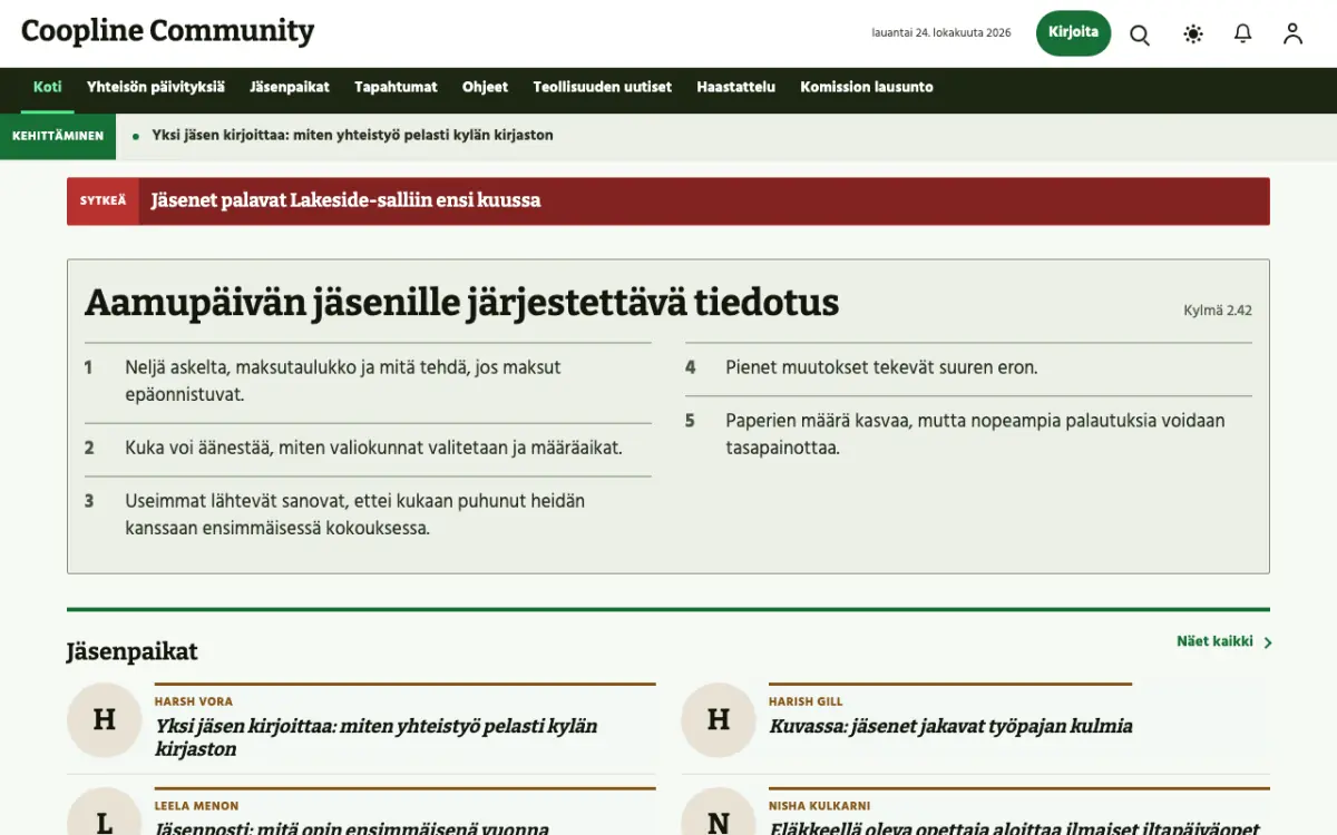 Coopline – verkkosivumalli (Yhteisö News), työpöytänäkymä