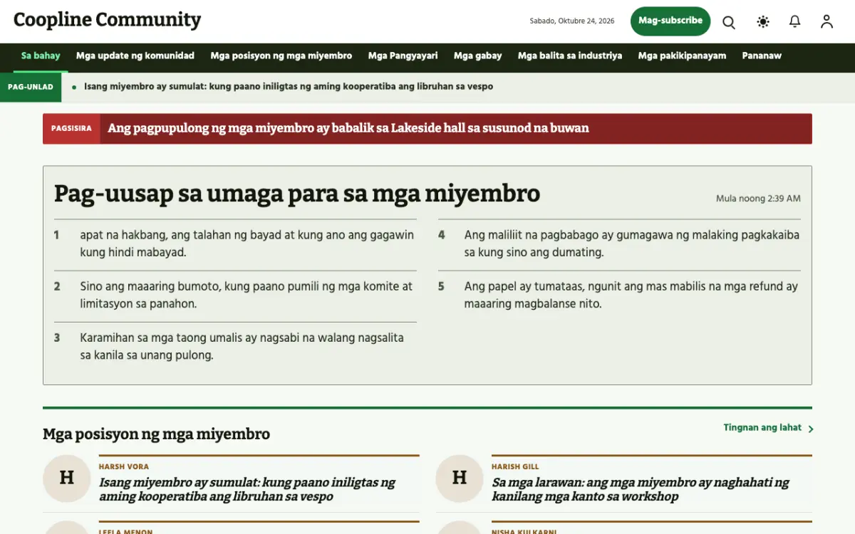Coopline — template ng website na Balitang Komunidad, tanaw sa desktop