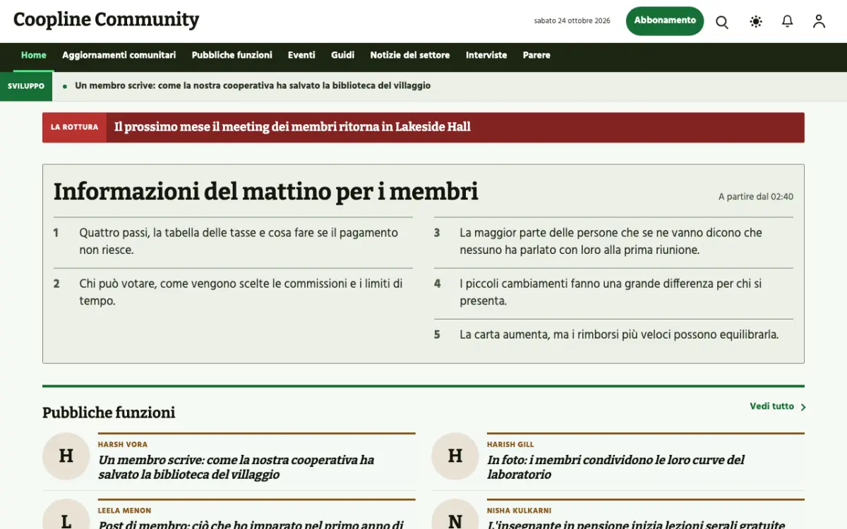Coopline – template di sito per News Comunità, vista desktop