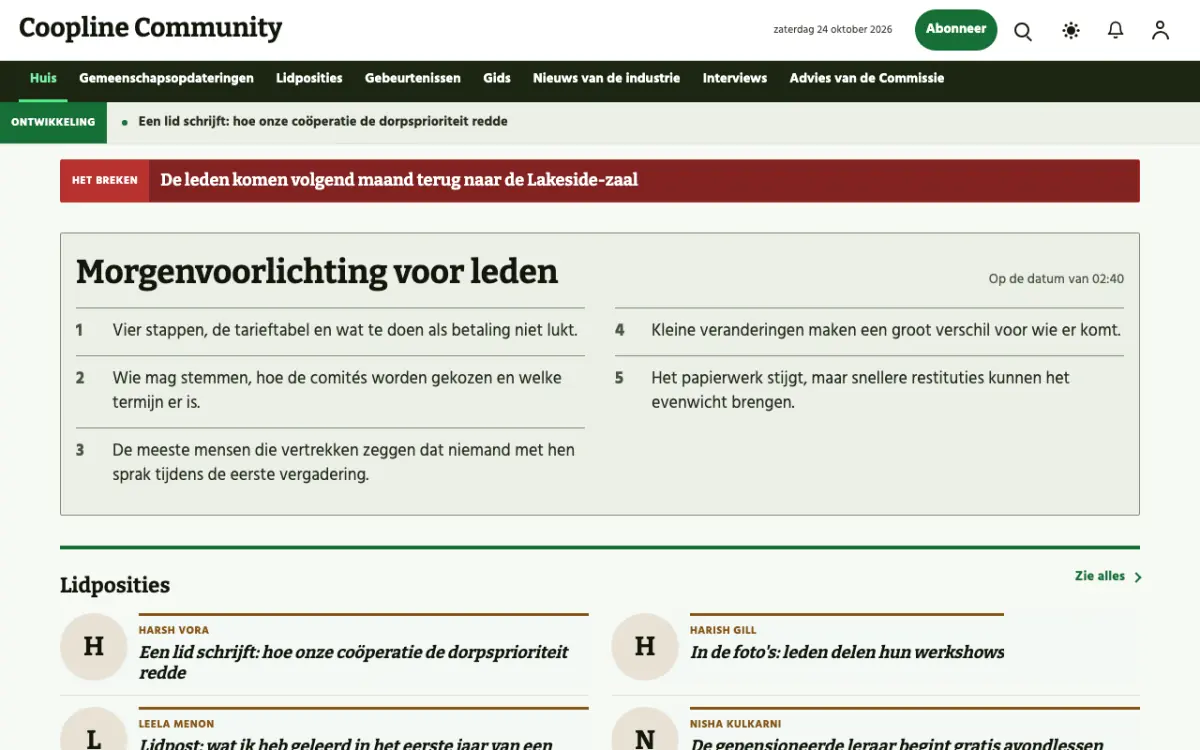 Coopline – websitetemplate voor Communitynieuws, desktopweergave