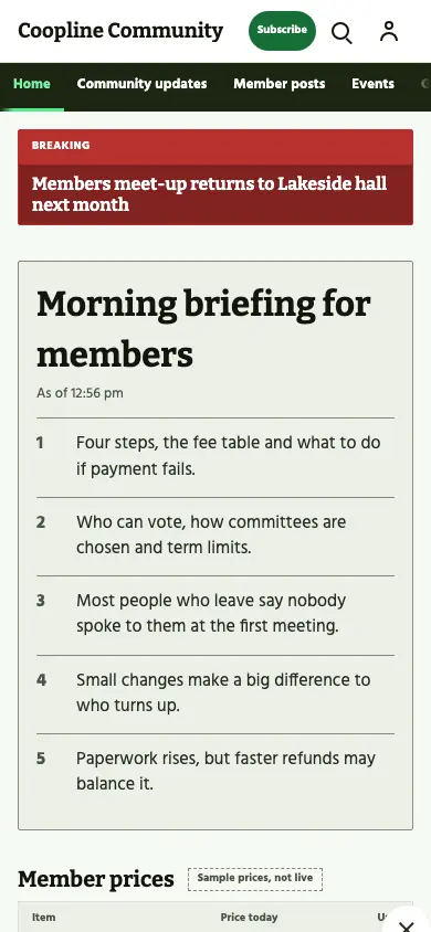 Coopline — Community News app, phone view