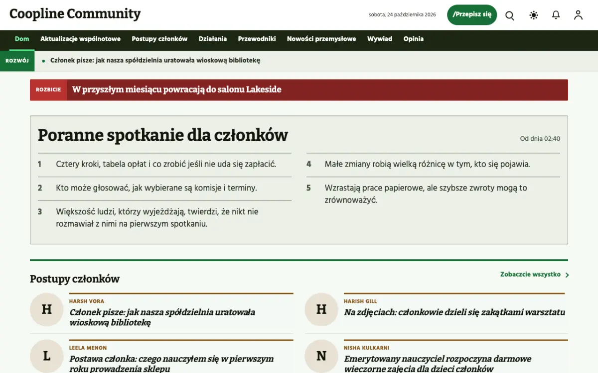 Coopline – szablon strony (Społeczność: wiadomości), widok na komputerze